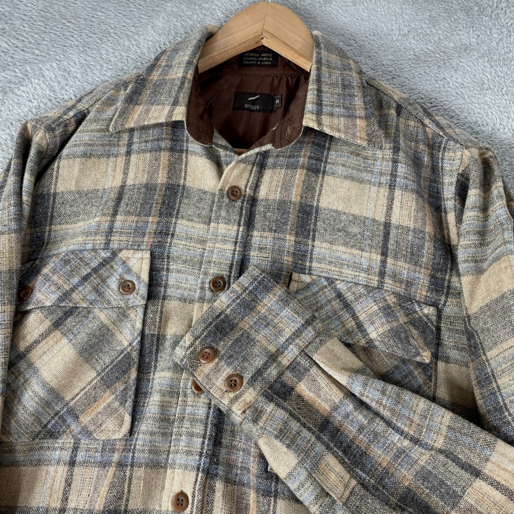 Vintage Briggs Flannel Shirt Mens Medium Tan Brown Plaid Wool Blend 80s Grunge